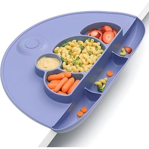 PrimaStella Silicone Placemat for Toddlers - Divided Toddler Plate, Suction Placemat and Food Catcher All-in-one (Purple)