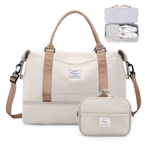 Weekender Bags for Women,Overnight Travel Duffel Bag with Shoes Compartment& Toiletry Bag,Extra Large(Beige & Brown)