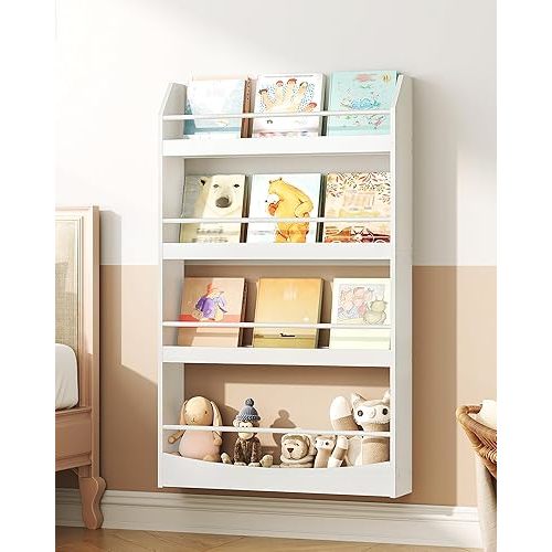 Kids Bookshelf, 23.6 Inch Wall Mounted Bookshelf, 4-Tier Nursery Book Shelves, Book Shelf for Kids Room, Bedroom, Living Room, Playroom, White MCW13WB