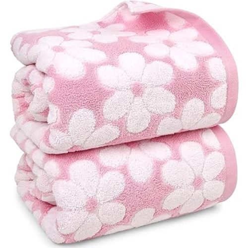 Pink Bath Towels Set of 2, Super Absorbent & Decorative 27.5x55 Inches, Cute Floral Jacquard Shower Towel for Bathroom, Cotton