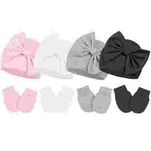 Zando 4Pcs Infant Hat and Gloves Set Newborn Hats for Girls Knit Baby Hat with Bow Soft No Scratch Mittens 0-3 Months