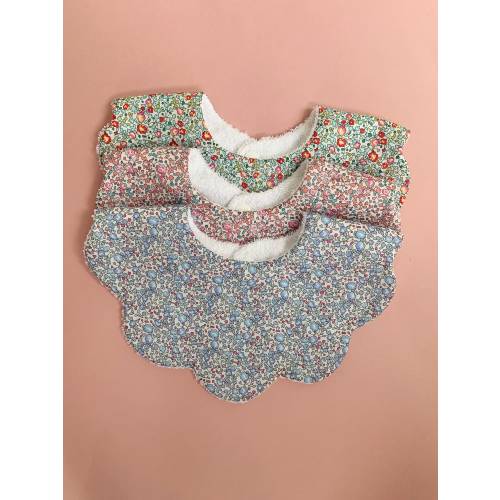 Liberty multipack set of 3 scalloped baby dribble bibs with optional magnetic white keepsake gift box, optional personalised drool bib