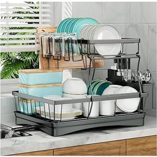 Large Dish Drying Rack for Kitchen Counter, Detachable Large Capacity Dish Drainer Organizer with Utensil Holder, 2-Tier Dish Drying Rack with Drain Board, Black