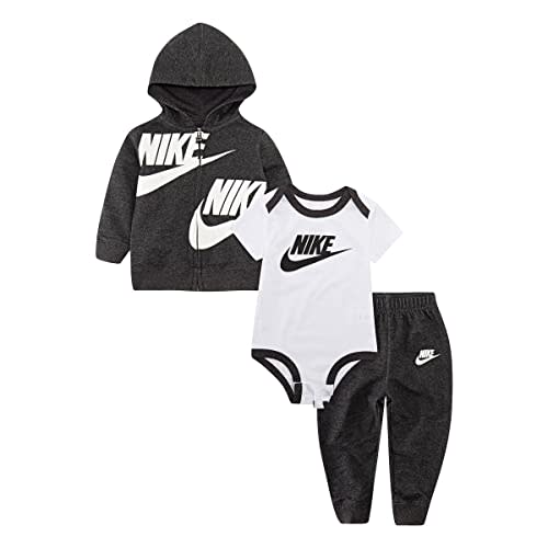 Nike Baby Boys Full Zip Hoodie, Short Sleeve Bodysuit & Pants 3 Piece Set (Black Heather(5UF468-K08)/White, 6 Months)