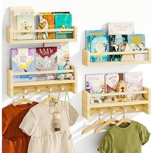 Fixwal Nursery Book Shelves, Set of 4, 16.5 Inch Floating Bookshelves with Wooden Hooks for Nursery Decor, Solid Wood Wall Mounted Shelves for Books, Toys and Decor Storage (Natural Wood)