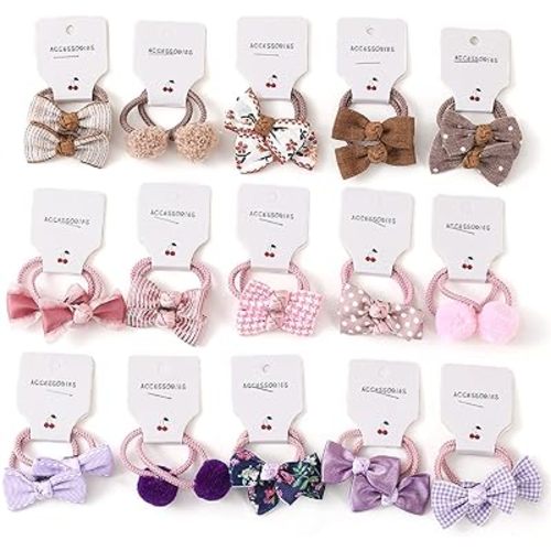 30 Pcs (15 pairs) Baby Girl Hair Ties With Bows — “Set A”