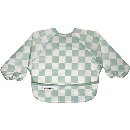 Tiny Twinkle Mess Proof Baby Bib, Cute Full Sleeve Bib Outfit, Waterproof Bibs for Toddlers, Machine Washable, Tug Proof, Baby Smock for Eating, Long Sleeved (Checkers Sage, Large 2-4 Years)