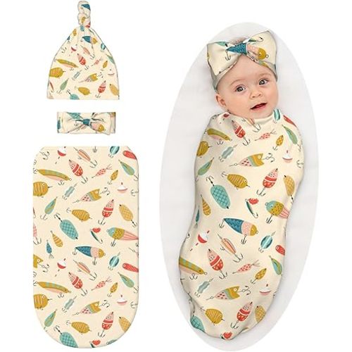 Fishing Baby Stuff Swaddle Blanket with Headband and Beanie Set, Soft Fisher Newborn Sleep Sacks Outfit Infant Shower Gift for Boys Girls