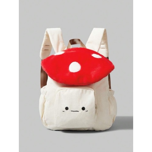 ROMWE Kawaii Women's Stylish Corduroy Backpack With Mushroom & Smile Embroidery Design ,White Polka Dot Contrast, Large Capacity - Perfect For Back To School Season, Perfectly Matching With Backpack Accessories, Preppy Backpack For School