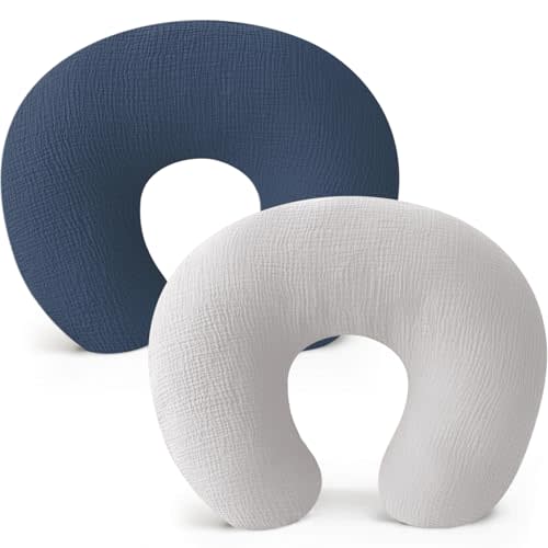 Konssy 2-Pack Muslin Nursing Pillow Covers, Soft & Adorable Nursing Covers for Breastfeeding Pillows, Slipcovers for Newborn Boys & Girls(Navy, Grey)