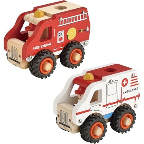 Wooden Push Car Toys for Infants 18 Months, 2 Pcs Baby Vehicle Toys Hand Push Car Toys for 2 Year Old Boys Girls (Ambulance + Fire Car)