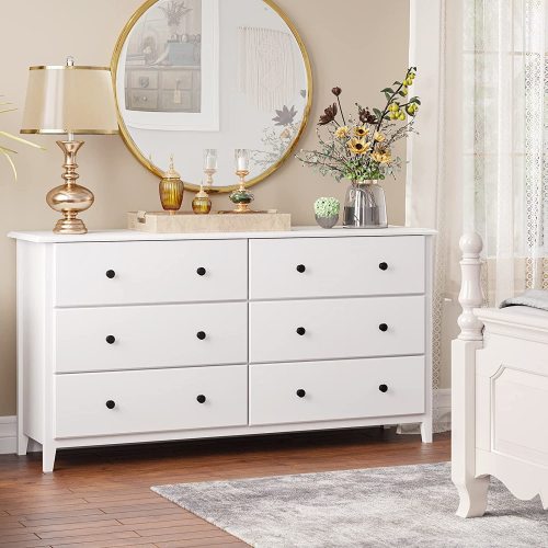 Double Dresser with 6 Drawer Modern Large Storage Cabinet Chest of Drawers for Bedroom Living Room, White
