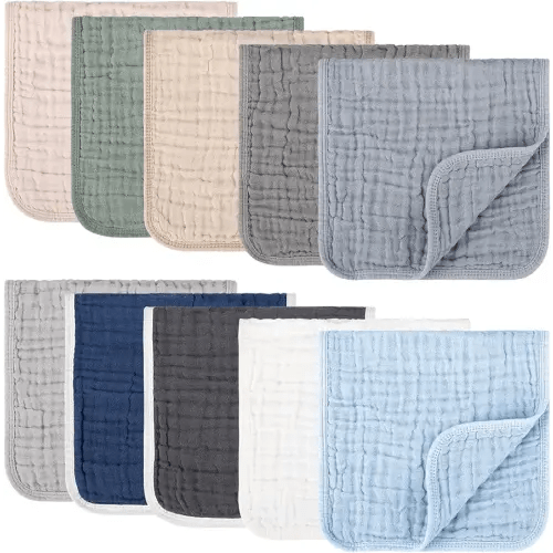Synrroe 10 Pack Muslin Burp Cloths, 20x10Inch, 10 Mixed Colors, Soft Absorbent Baby Burping Rags