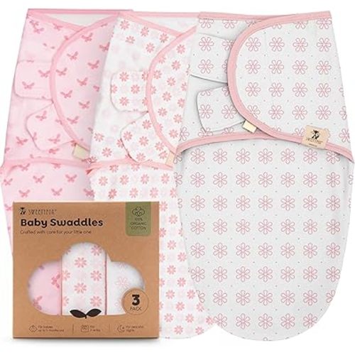 Sweety Fox 3-Pack Organic Baby Swaddle Sleep Sacks - Swaddles for Newborns, Infant 0-3 Months, Baby Girls, Boys, Soft & Snug Newborn Sleep Sack, Nursery Swaddling Blankets, Velcro Closure (Dagonfly)