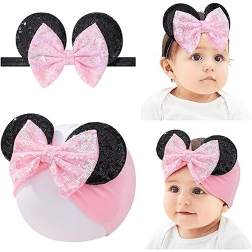 choicbaby Baby Girl Headbands Mouse Ears Headwrap with Sequin Polka Dot Bow Soft Stretchy Nylon Hair Bands for Newborn Infant Baby Toddler Girls- Pack of 2