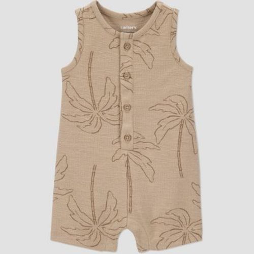 Carter's Just One You® Baby Boys' Solid Textured Palm Romper - Brown Newborn: Cotton-Polyester, Henley Neckline, Snap Closure