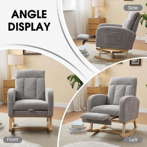 FFH Rocking Chair for Nursery, Upholstered Glider Rocker, Corduroy Armchairs with Footrest, Side Pocket, High Backrest, Light Gray