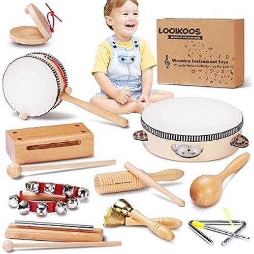 LOOIKOOS Baby Musical Instruments Montessori Toys for Toddlers 1-3,Natural Wooden Percussion Instruments Set for Kids Preschool Educational Musical Toys for Ages 5-9