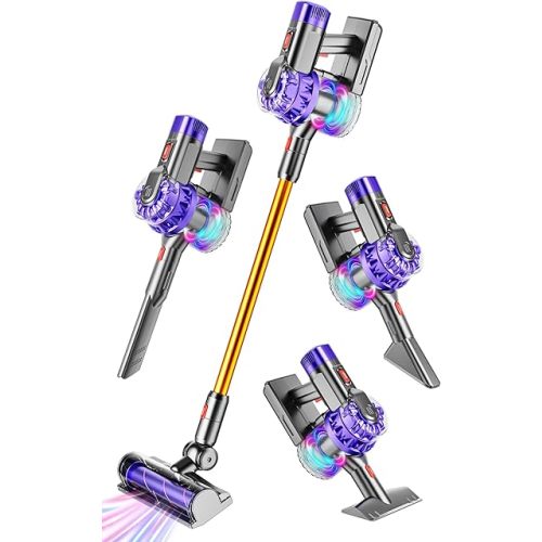 4-in-1 Kids Vacuum That Really Works, Toddler Pretend Play Cleaning Toy Set with Real Suction, Toys Working Cleaner Birthday Idea for 3 4 5 6 7+ Year Girl Boy (Purple/Yellow)