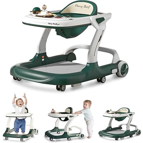 Baby Walker with Wheels Music and Lights with 9 Adjustable Heights Anti-Fall Baby Walker and Bouncer Combo for Boys Girls Babies 6-18 Months (Green and White)