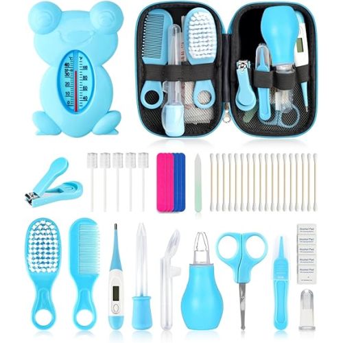 Baby Grooming and Healthcare Kit, Portable Baby Safety Care Set with Hair Brush Comb Nail Clipper Nasal Aspirator for Nursery Newborn Infant Girl Boy (20 in 1, Blue)