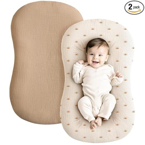Konssy Muslin Baby Lounger Cover 2 Pack, 100% Cotton Newborn Lounger Cover, Soft and Breathable Baby Nest Slipcover for Boys Girls (Camel,Sun)