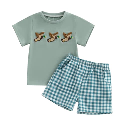 MERSARIPHY Toddler Boy Summer Clothes Duck Dinosaur Animal Embroidery Short Sleeve T Shirt Plaid Shorts Set Casual Outfits