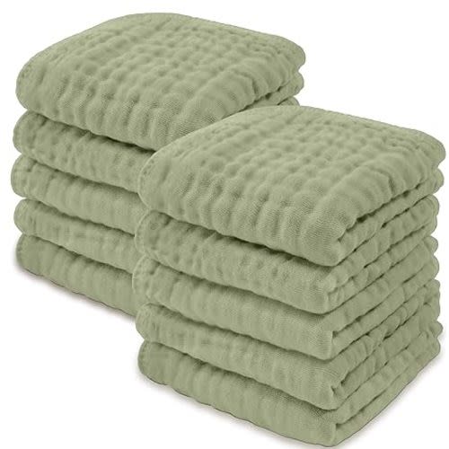 Baby Washcloths, Muslin Cotton Baby Towels, Large 10”x10” Wash Cloths Soft on Sensitive Skin, Absorbent for Boys & Girls, Newborn Baby & Toddlers Essentials Shower Registry Gift (Sage, Pack of 10) - 10-Pack 10"X10"