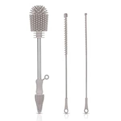 Haakaa Silicone Cleaning Brush Kit, Baby Bottle Brush & Nipple Brush Cleaner & Straw Brush, BPA Free Cleaning Brush with Sturdy Bristles for Nipples/Pumps/Accessories (Grey)