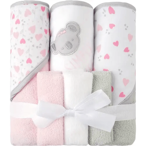 Viviland Baby Towels and Baby Wash Cloths Set Hooded Baby Towels Baby Wipes Absorbent Bath Face Towels Burp Cloths or Face Towels for Girl Boy 6-Pack Size 28 x 28 Inch(Pink Koala)