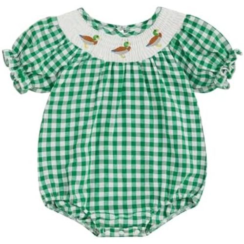 Baby Girl Clothes Embroidery Duck Romper Smocked Puff Short Sleeve Camo/Striped/Plaid Bubble Bodysuit