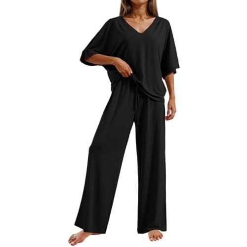 Ekouaer Pajama Sets for Women 2 Piece Lounge Set Short Sleeve Tops and Long Pants Soft Comfy Pjs Sleepwear Outfits S-XXL