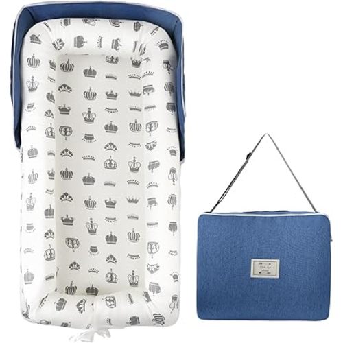 Portable Baby Lounger - Foldable Infant Lounge with Adjustable U-Shaped Bumper & Storage Bag, Breathable Cotton Snug Spot for Supervised Rest & Play at Home or On The Go,Blue Crown