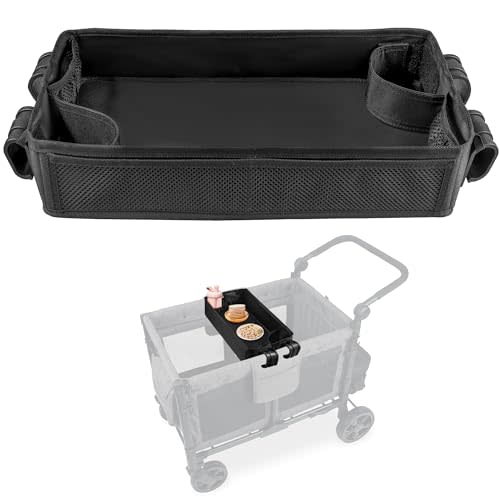 Stroller Snacks Tray for Wonderfold Wagon W4, Double Sided Bottom Padding - Storage Mesh Pockets - 2 Kid’s Cup Holders, Faux Leather Polyester Side Easy to Clean for Eating & Activities (W4 Series)