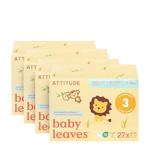 ATTITUDE Eco-Conscious Disposable Diapers, EWG Verified, Size 3 (13-22 lbs), Ultra Absorbent for Baby, Vegan & Plant-Based, 27 Count (Pack of 4)