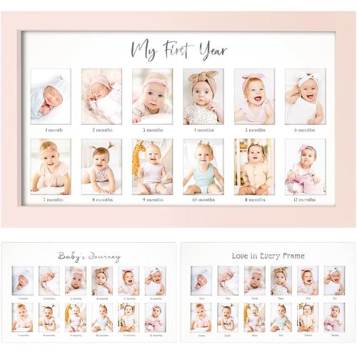 My First Year Photo Frame,12 Months Baby Picture Frame for Newborn Girl, Boy-Baby Shower Gifts Keepsakes,Monthly Baby's One Year Birthday Milestone,1st Nursery Photo Collage Display Board (Petal Pink)
