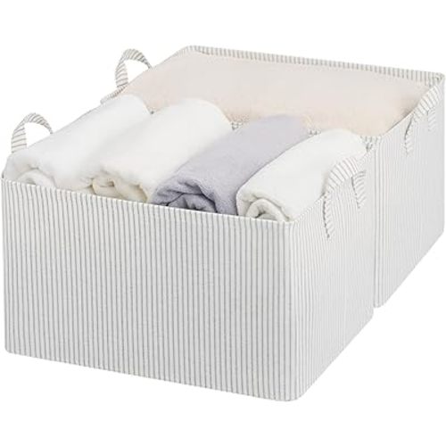 StorageWorks Storage Bins, Fabric Storage Bins for Shelves, Extra Large Storage Baskets with Metal Frame, Closet Baskets and Bins with Handles, Jumbo, Gray and White Stripes, 2-Pack