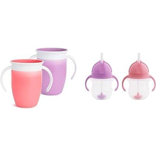 Munchkin® Miracle® 360 Trainer Sippy Cup with Handles, Spill Proof, 7 Ounce, 2 Pack, Pink/Purple & Any Angle™ Weighted Straw Trainer Cup with Click Lock™ Lid, 7 Ounce, 2 Pack, Pink/Purple