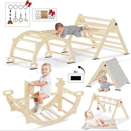 8 in 1 Pikler Triangle Set, Foldable Baby Climbing Wooden Toys with Detachable Seesaw, Arch&Ramp&Ladder, Montessori Climbing Set, Toddler Climbing Toys Indoor Climbing Gym, All Natural Wood