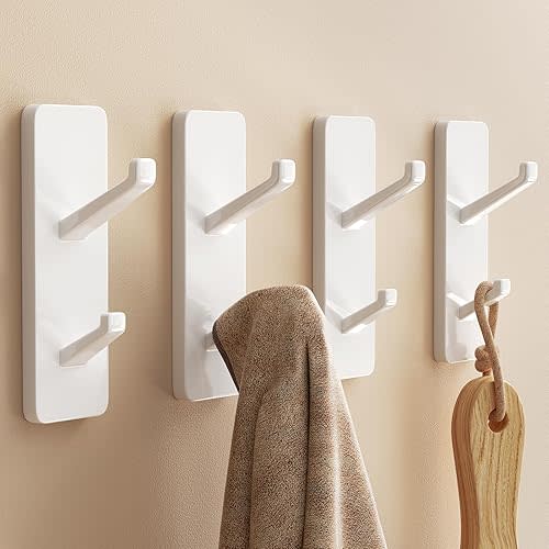 Self Adhesive Wall Hooks for Hanging: Stick-On Hooks Hold 13 LB, Coat Hook,Towel Hooks For Bathrooms,Shower Hooks for Wall,Door Hooks Hanging Towel, Kitchen Hook,Metal hooks for hanging,White 4 Pack
