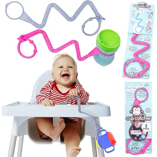 Brilli Baby Cup Catcher 2 Pack Patented Safety Tether Strap, attach Sippy Cups, Bottles, Toys, Pacifiers to Stroller, High Chair, Car Seat, Made in USA, Food grade, Dishwasher Safe (Lavender & Pink)