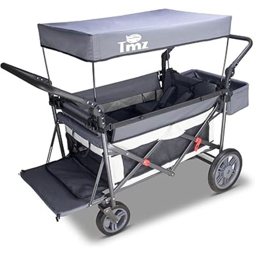 TMZ Foldable Wagon with Canopy, Collapsible Folding Wagon with Adjustable Handle Bar,Multi Functional Cart with Expansion Accessories,Front Expandable Transport Camping Wagon (Grey/Beige)