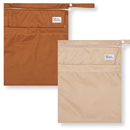 Nora's Nursery Wet Dry Bags with Two Zippered Pockets - Reusable and Washable Wet Bag for Swimming, Travel, Beach, Pool, Daycare, Cloth Diapers, Toiletries and Swimsuits - 11x15 - Desert - 2 Pack