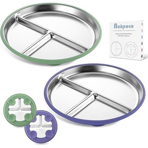 Stainless Steel Toddler Plate with Suction, 9” Divided Plates with Removable Silicone Sleeves for Baby, Non Toxic & BPA Free | Non Slip | Unbreakable Kids Snack Dishes Set of 2, Green & Purple