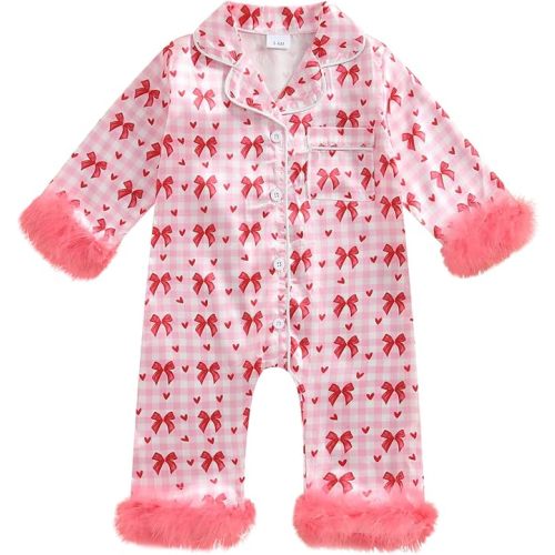 Kuriozud Baby Girl Silk Stain Pajamas Feather Cuffs Romper One-Piece Jumpsuit Pjs Long Sleeve Lapel Button Down Nightgown