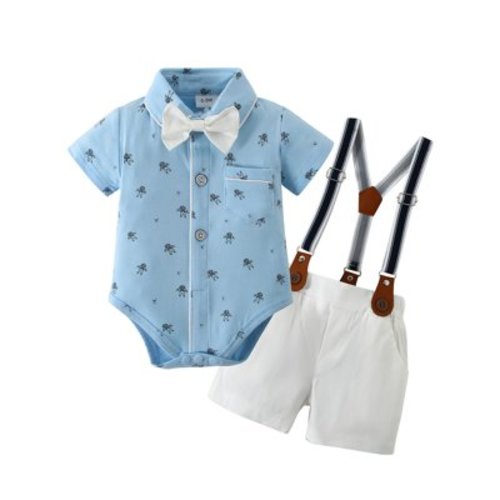 CARETOO Baby Boy Clothes Suit Romper Suspender Trousers Pants Bowtie Hat Gentleman Outfit 0-18M 3pcs