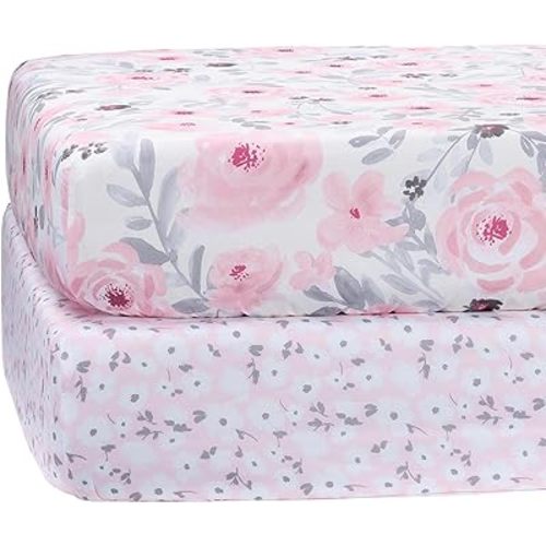 Bedtime Originals Floral Pink/Gray 2-Pack Fitted Crib/Toddler Sheet Set- Flower