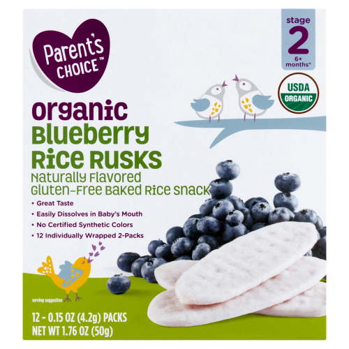 Parent's Choice Organic Blueberry Rice Rusks Baby Snacks, 0.15 oz Box, 12 Pack