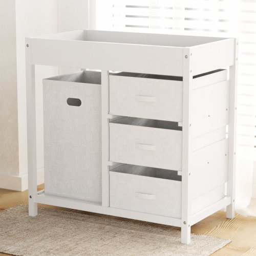 Ebern Designs Wooden Changing Table for Baby with Fabric Laundry Hamper and Drawers | Wayfair