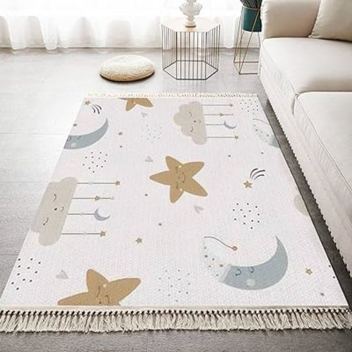 Boho Kid Bedroom Playroom Nursery Area Rugs Cute heavenly seamless Cartoon baby print a sleeping moon star cloud Tassels Carpet Patio Hallway Runner Mat Pad Home Decor Living Room Indoor Outdoor